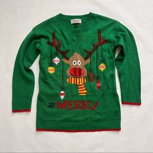 Green Ugly Christmas Large Sweater with Reindeer and Sequin Nose